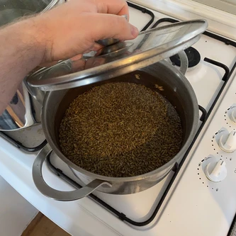 Lifting lid of pan, showing rye